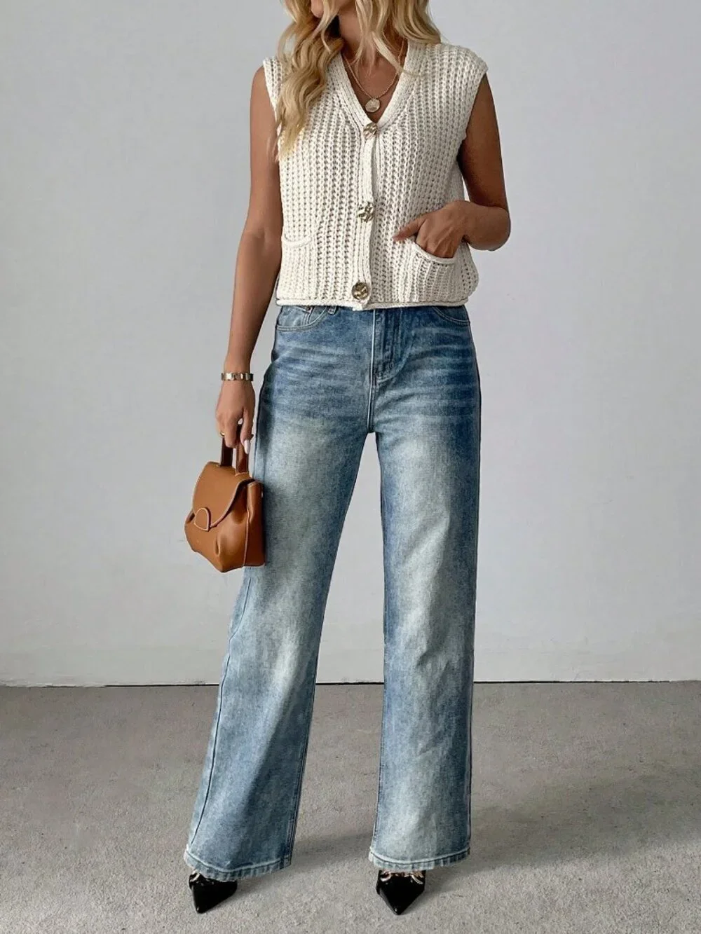 Apricot Casual Women's V-Neck Ribbed Knitted Cardigan Sweater Vest